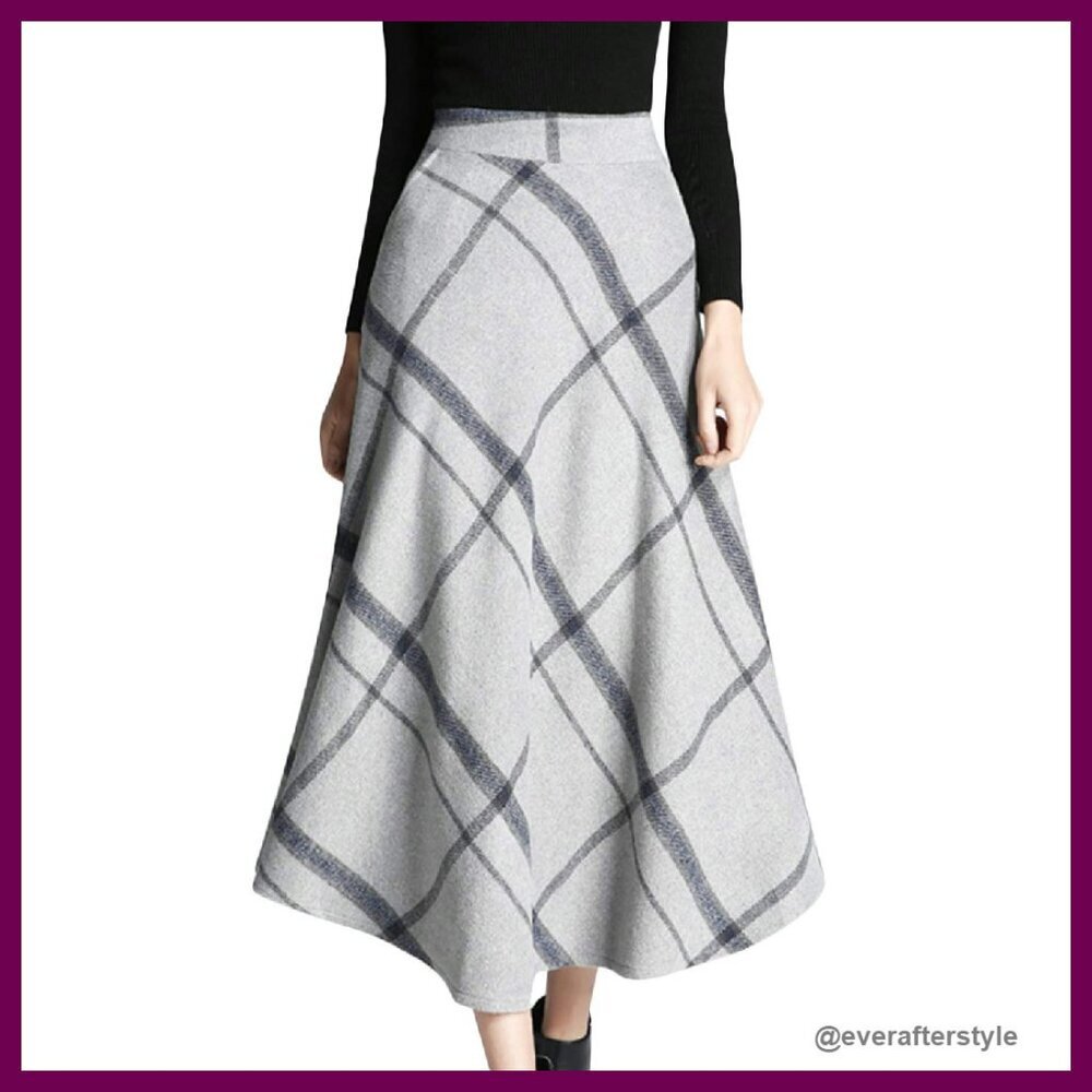 Wool Plaid A-Line Pleated Long Skirt Warm Winter Elegant Classic Chic